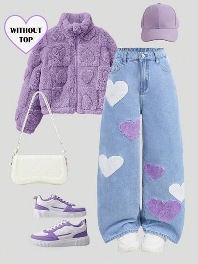 Girlism Girls' Colorful Heart Embroidered Pattern Blue Denim Loose Fit Pants