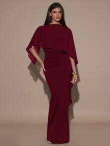 SHEIN BAE 女士纯色披肩袖修身优雅连衣裙 - 酒紅色 - 查看 5