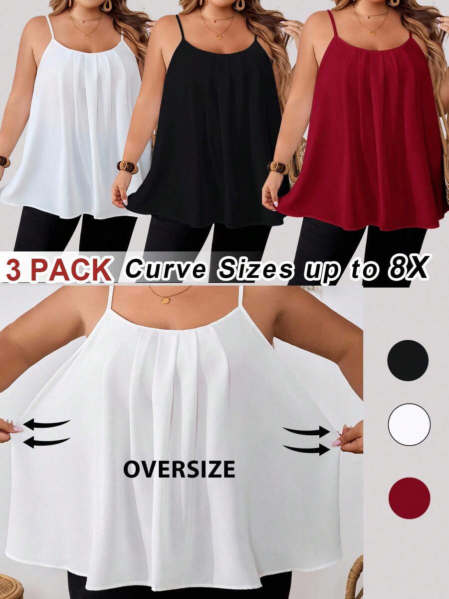 SHEIN CURVE+ 6件装加大码女士宽松吊带背心,黑色、白色、红色,休闲优雅,适合日常穿着和度假,夏季/乡村/海滩度假/情人节。 - 彩色 - 查看 1