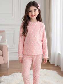 Pijama niña estilo dulce casual estampado corazones tejido franela corte holgado cuello redondo manga larga otoño invierno hogar dormir conjunto - Rosa - Ver 1