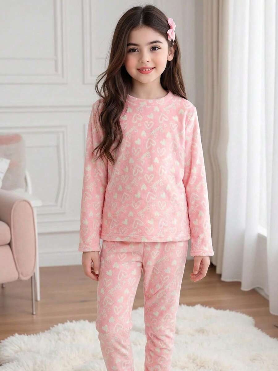 Pijama niña estilo dulce casual estampado corazones tejido franela corte holgado cuello redondo manga larga otoño invierno hogar dormir conjunto - Rosa - Ver 1