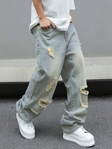 Manfinity EMRG Jeans rectos casuales y sueltos con efecto rasgado para hombre - Lavado ligero - Ver 3