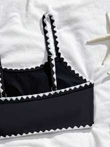 SHEIN 2pcs/Set Tween Girls Simple Black & White Bikini Sets - Black - View 5