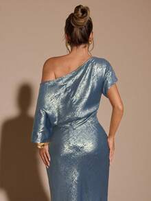 SHEIN BAE 秋冬季纯金色纹理不对称肩部上衣，金色女士衬衫，秋季斜肩上衣，适合夜店派对、外出、秋季女装、复古富贵风、工作/办公室、商务休闲女装、女性办公室着装 - 淺藍色 - 查看 2