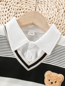 SHEIN Playful Pals 男婴三件套：衬衫、针织背心和休闲裤，英伦风，秋冬季 - 黑色 - 查看 7