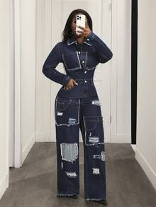 Slaydiva Women's Casual Fashion Street Patchwork Pocket Ripped Raw Edge Waist Denim Jumpsuit, Spring/Autumn Denim Jumpsuits Blue Women Distressed Denim Jumpsuit Dark Wash Denim Jumpsuit Jean Jumpsuit Blue Jean Jumpsuit Women - Blue - View 6