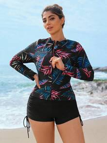 Swim SPRTY Plus Size Women Tropical Plant Print Long Sleeve Top + Shorts Surfing Suit, Adjustable Drawstring, Slimming, Suitable For Summer, Vacation, Sports Long Sleeve Bathing Suit Women Rashguard Swimsuit Women Swim Shirt For Women Swimming Suit Plus Size