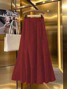 GlowEve 女士休闲纯色A字半身裙，带保暖内衬，秋冬季 - 酒紅色 - 查看 2