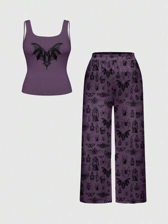 Goth Conjunto de pijama de top sin mangas y pantalones con estampado de insectos y veneno de talla grande, ropa de estar en casa informal