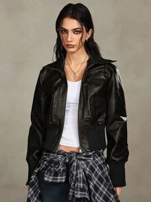 ROMWE Grunge Punk 韩流复古街头风做旧PU皮机车夹克（女款） - 黑色 - 查看 8