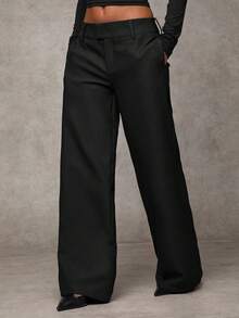 SHEIN BAE Quần ống đứng màu trơn, túi xéo, thích hợp cho nữ đi làm hàng ngày. - màu đen - Xem 5