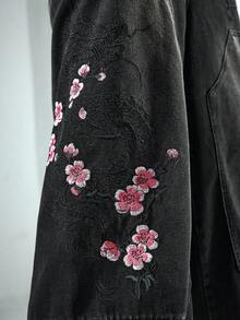ROMWE MEN Anime Herren Lässig Verwaschen Floral Bestickte Jeans - Schwarz - Übersicht 4