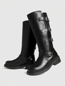 Sugerpunk Botas de media pantorrilla versátiles y de uso diario con botones para mujer - Negro - Ver 4