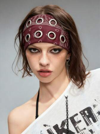 Grunge Punk 1 Piece Punk Style Printed Cashew Flower Headband, Street Style Metal Circle Headband, Suitable For Daily, Hip-Hop, Party Headband