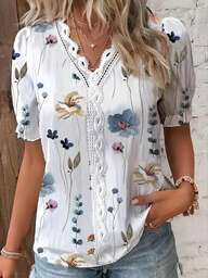EMERY ROSE Blusa con manga abullonada, estampado floral y encaje de contraste, parte superior de manga corta, para vacaciones y tiempo libre de la mujer