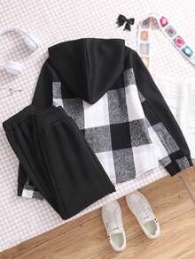 2pcs/Set Casual Plaid Patchwork Sweatshirt For Tween GirlsComfortable & Thick For Outdoor Activities - Black - View 2
