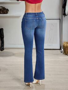 SHEIN Jeanoir Quần jeans ống loe cạp thấp, co giãn, kiểu dáng Y2K, chất liệu skinny, rách nhẹ, đã qua xử lý giặt. - Rửa trung bình - Xem 2