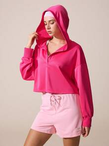 SHEIN Sovereign Charm 女士纯色V领连帽休闲百搭通勤户外长袖卫衣 - 玫紅色 - 查看 5