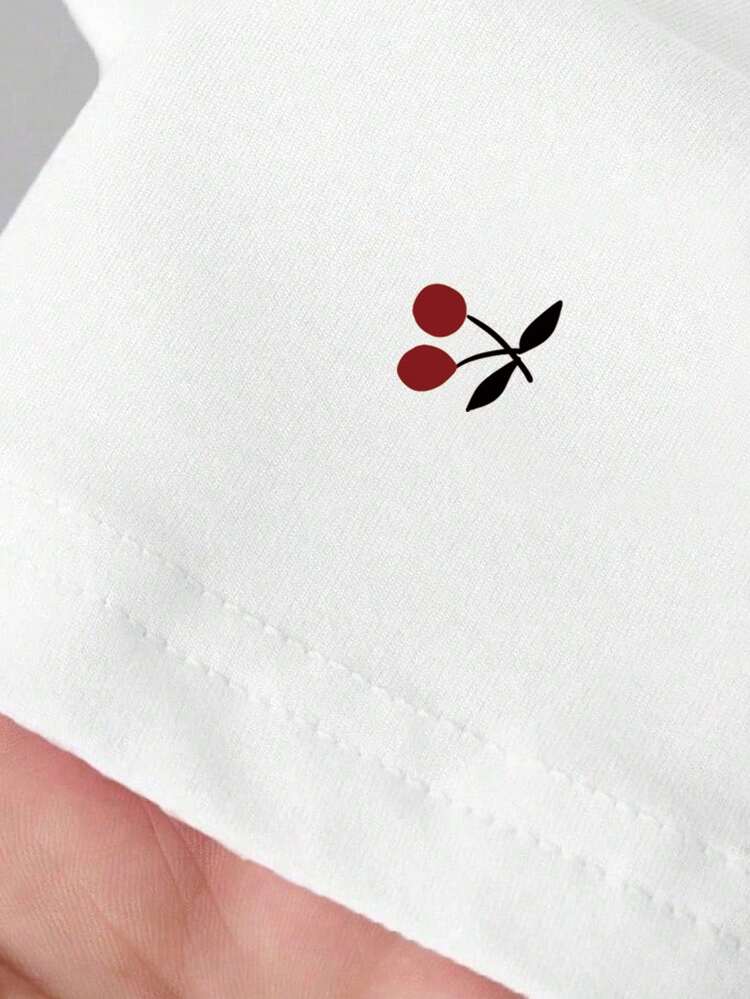 Resyla Camiseta Gráfica Feminina, Novo Design de Verão, Bordado de Dente de Cachorro, Estampa de Cereja, Cinza, Roupa para Outdoor, Cintura Franzida Ajustada, Volta às Aulas, Dia do Professor, Versátil e Elegante, Camiseta Feminina - Branco - Visão 3