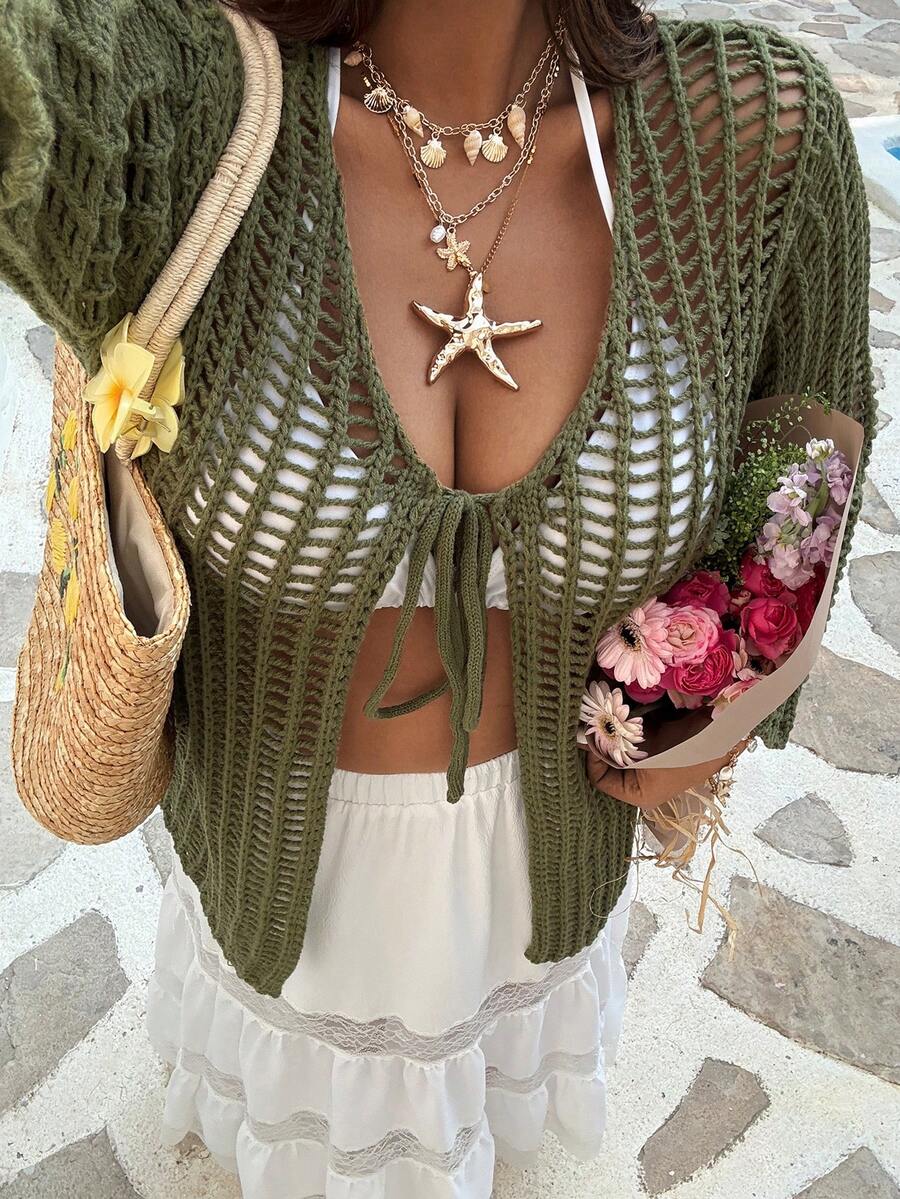 Sunnyshic 大码女式休闲波西米亚风镂空针织蝴蝶结前襟直袖开衫,适合春、夏、秋季,室内/室外、通勤、海滩度假等场合,是夏季送礼佳品。绿色夏季上衣,绿色度假夏季毛衣,性感度假女装。大码女式休闲绿色针织开衫,V领,袖长至手腕。 - 綠色 - 查看 1