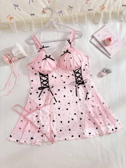 PetitDoll 情人节加大码可爱系列黑色爱心印花拼接透视网纱无袖连衣裙配丁字裤两件套