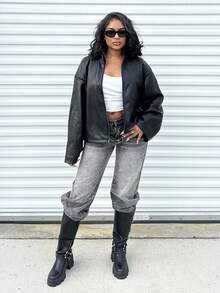 Alexandranx Oversized High Neck Faux Leather Full Zip Up Jacket Night Out Autumn Fall Winter Outerwear - Black - View 6
