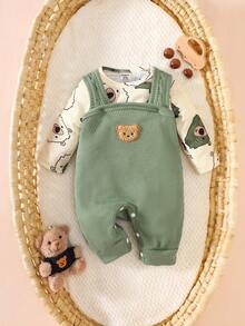 SHEIN Newborn Male Baby Apricot Pit Stripe Cartoon Printed Long Sleeved Jumpsuit Paired With Green Teddy Bear Embroidered Shoulder Strap Jumpsuit, Two Pieces Set, Fashionable, Personalized, Cute Autumn New Style Fall Winter