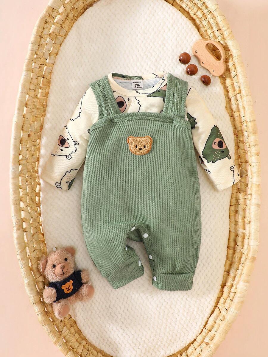 SHEIN Newborn Male Baby Apricot Pit Stripe Cartoon Printed Long Sleeved Jumpsuit Paired With Green Teddy Bear Embroidered Shoulder Strap Jumpsuit, Two Pieces Set, Fashionable, Personalized, Cute Autumn New Style Fall Winter