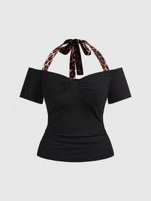 ROMWE J-Fashion Áo thun nữ cỡ lớn màu đen in họa tiết da báo phong cách Y2K Harajuku Gyaru, phối nhiều mảnh vải, cổ chữ V sâu. - màu đen - Xem 1