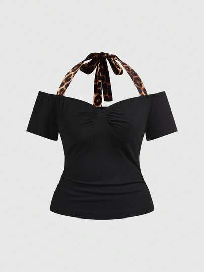 J-Fashion Vintage Y2K Harajuku Gyaru Maglietta nera da donna taglie forti con scollo a V profondo e stampa in patchwork leopardata