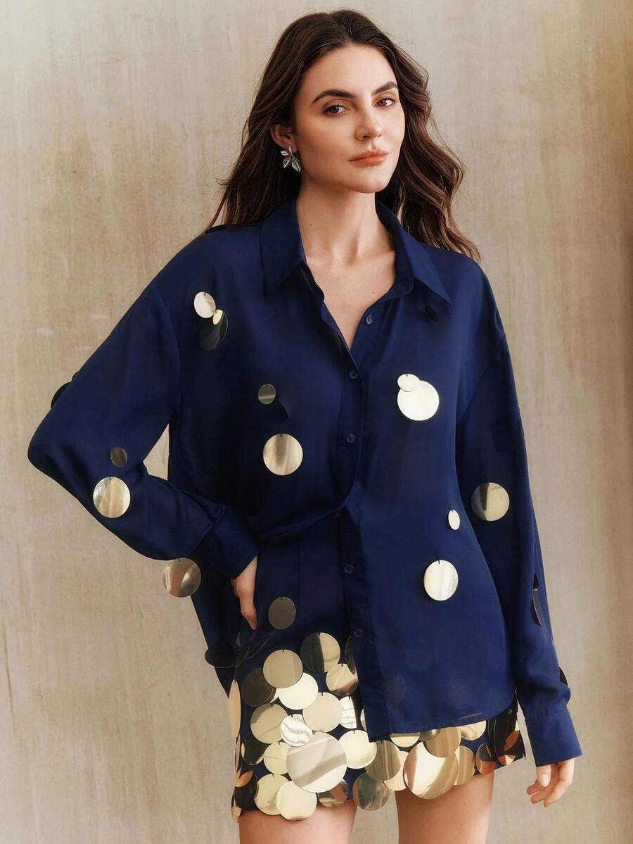 Anewsta Handmade Silver Sequin Embellished Versatile Chiffon Shirt, Spring - Blue - View 1