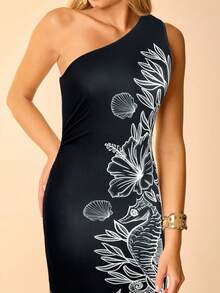 Đầm midi nữ phong cách Boho nhiệt đới, họa tiết vỏ sò biển xanh dương, hình cá ngựa và san hô, kiểu dáng bất đối xứng, eo nhún bèo, thích hợp cho kỳ nghỉ. - màu đen - Xem 5