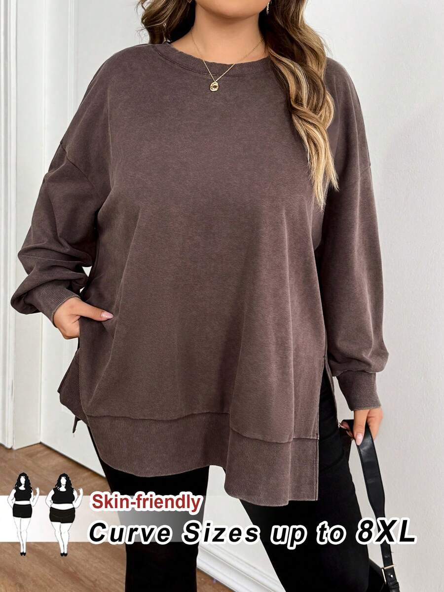 SHEIN CURVE+ Plus Size Solid Color Round Neck Casual Versatile Long Sleeve Sweatshirt Thanksgiving New Year - Brown - View 1