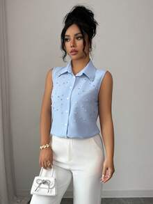 Rafferiza Classic French Elegant Sleeveless Beaded Blouse, Timeless Blue Design, Versatile For Women - Blue - View 4