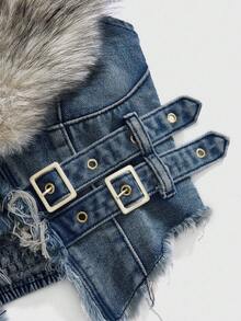 ROMWE Hippie Y2K Removable Faux Fur Collar Denim Jacket For Women - Navy Blue - View 2