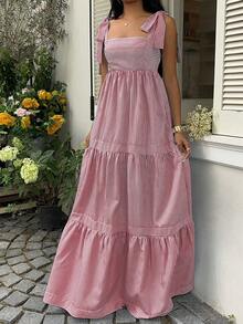 SHEIN Unity Vestido maxi acampanado con espalda abierta y lazada, cuello cuadrado a rayas azules, cintura alta y sin mangas, para primavera/verano y resort - Multicolor - Ver 3