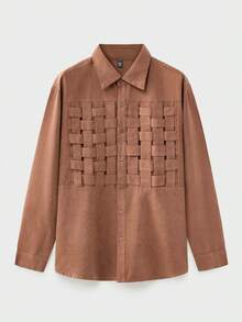 EASEVO Men Plus Size Casual Elegant Shirt, Shades Of Brown Autumn Textured Woven Long Sleeve Loose Shirt, Stylish Solid Color Earthy - Khaki - View 2