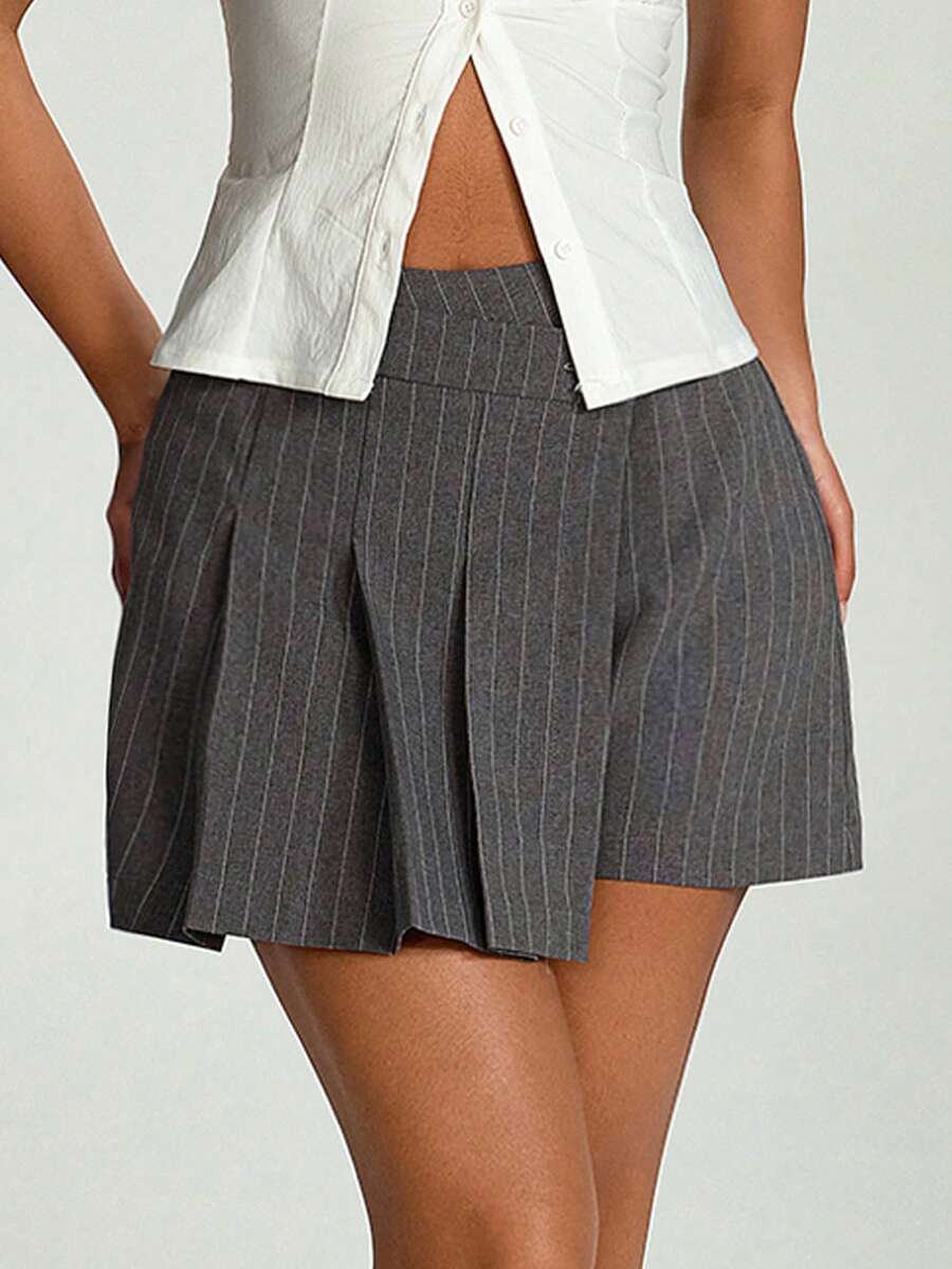 EURMUSE Women Solid Color Button Detailed Shorts - Light Grey - View 1