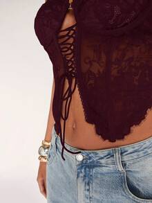 SHEIN BAE Women's Sexy Lace Sheer Tie-Up Spaghetti Strap Camisole Top, Suitable For Date Night, Girls' Night Out, Birthday Party, Cocktail Party, Nightclub, Holiday Party - Maroon - View 8