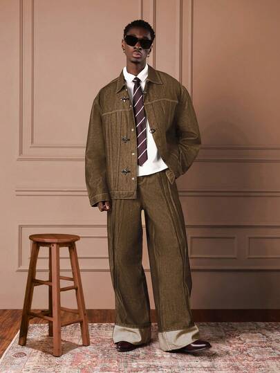 SUMWON Men Raw Denim Jacket With Loop Fastener Contrast Stitch Regular Fit Workwear Inspired Outerwear Fall Winter Fashion