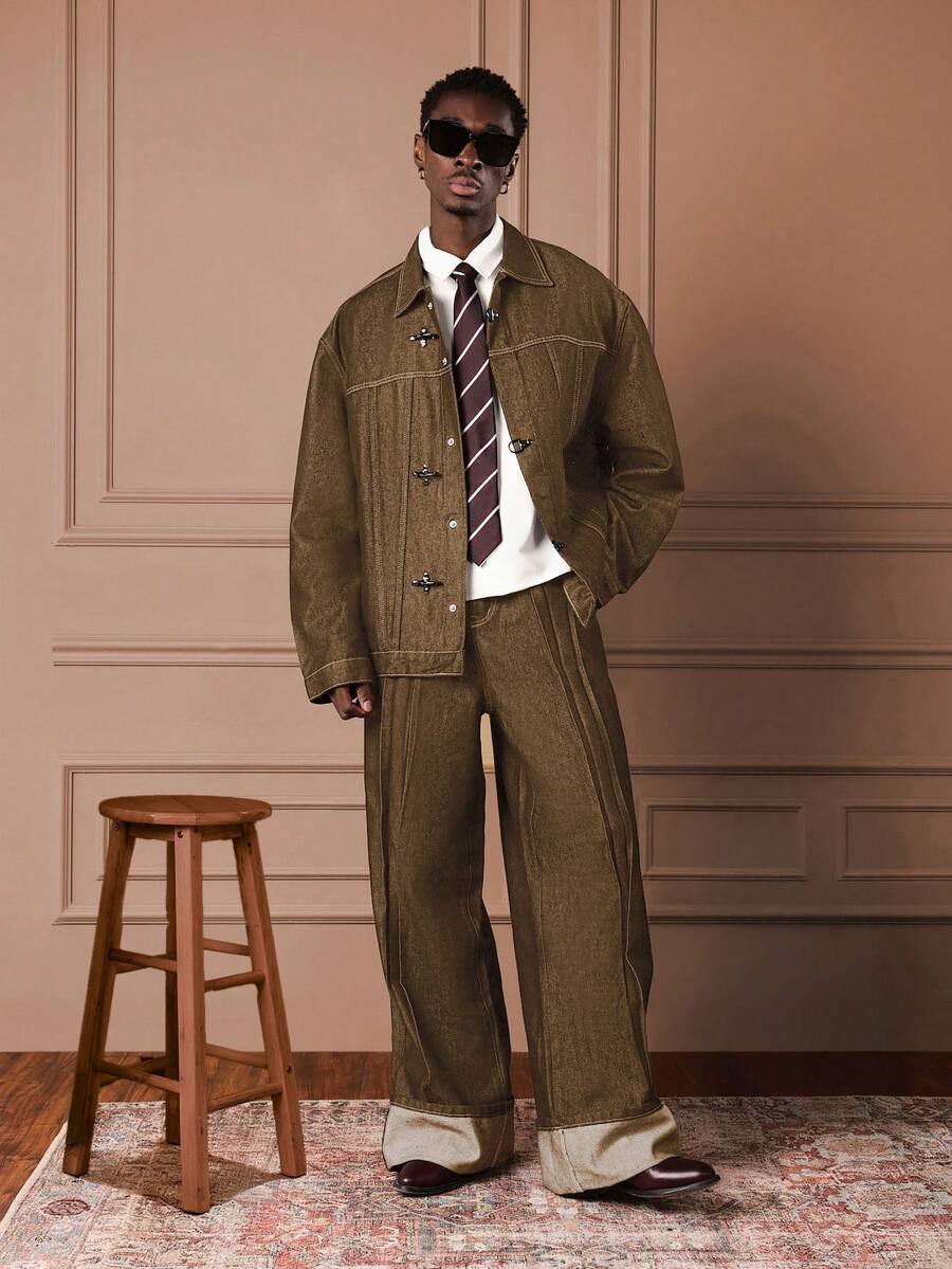 SUMWON Men Raw Denim Jacket With Loop Fastener Contrast Stitch Regular Fit Workwear Inspired Outerwear Fall Winter Fashion - Brown - View 1