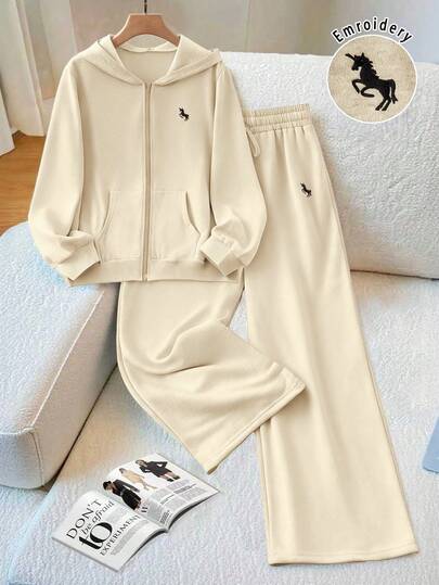 GlowEve CURVE 大码女式休闲纯色刺绣连帽口袋拉链宽松卫衣和刺绣高腰抽绳宽松直筒运动裤套装，适合日常、运动和休闲穿着，秋季两件套休闲女式家居服，舒适两件套家居服，女式两件套休闲套装