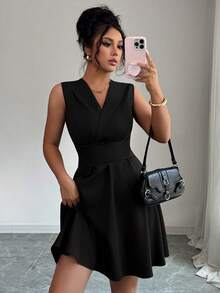 Elenzga Women's Sleeveless V-Neck Criss-Cross Strap Midi Dress, Elegant And Simple For Parties, Spring/Summer - Black - View 5