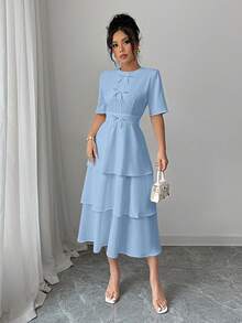 Elenzga Women's Minimalist Solid Color Butterfly Decor Round Neck Short Sleeve Skater Dress - Baby Blue - View 7