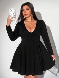 Viva Relle Damen Große Größen Sexy Tiefer V-Ausschnitt Cut Out offenbarendes Brustbild Linien Perlenkleid Prinzessin Langarm einfarbig Mode vielseitiges kurzes Kleid