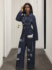 Slaydiva Women's Casual Fashion Street Patchwork Pocket Ripped Raw Edge Waist Denim Jumpsuit, Spring/Autumn Denim Jumpsuits Blue Women Distressed Denim Jumpsuit Dark Wash Denim Jumpsuit Jean Jumpsuit Blue Jean Jumpsuit Women - Blue - View 3