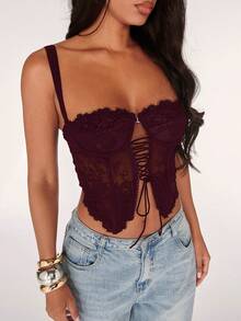 SHEIN BAE Women's Sexy Lace Sheer Tie-Up Spaghetti Strap Camisole Top, Suitable For Date Night, Girls' Night Out, Birthday Party, Cocktail Party, Nightclub, Holiday Party - Maroon - View 7