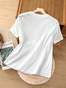 SHEIN Franclia 女士休闲日常通勤简约纯色纹理面料翻领半扣前襟拼接口袋宽松衬衫，夏季 - 白色 - 查看 2