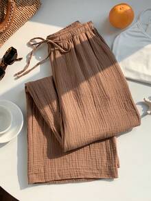 Comfortcana Quần ống đứng cạp chun màu trơn có họa tiết rộng rãi cho nữ - màu nâu - Xem 3