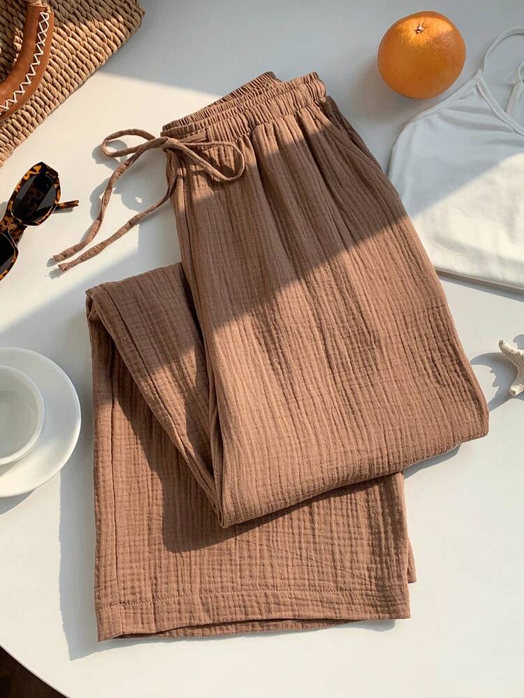 Comfortcana Women's Solid Color Tie Waist Straight Leg Textured Loose Pants - Brown - View 3